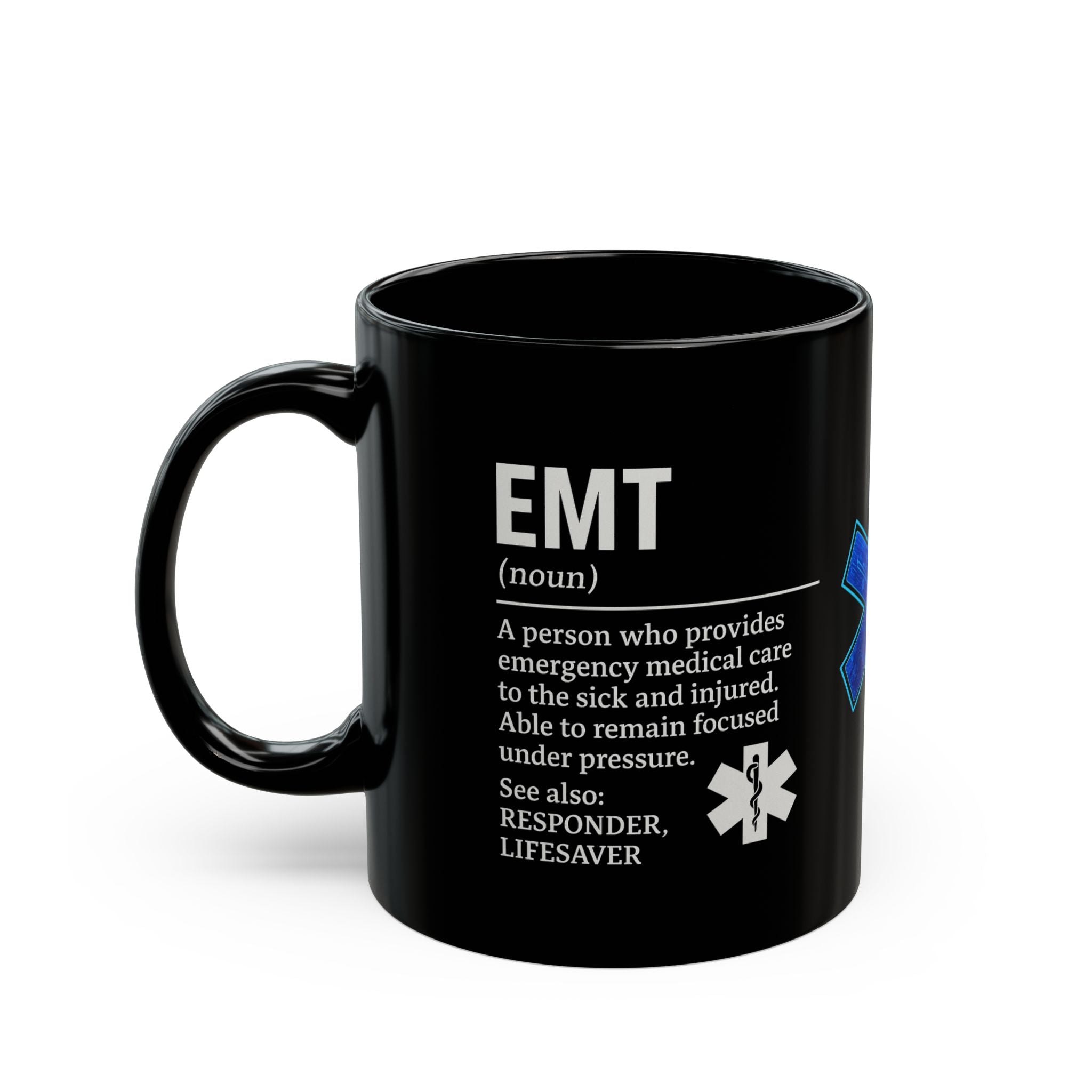 Black EMT Mug - Gift for Medics, Coffee Lovers, Emergency Services, Paramedic Appreciation, Blue Star of Life Design